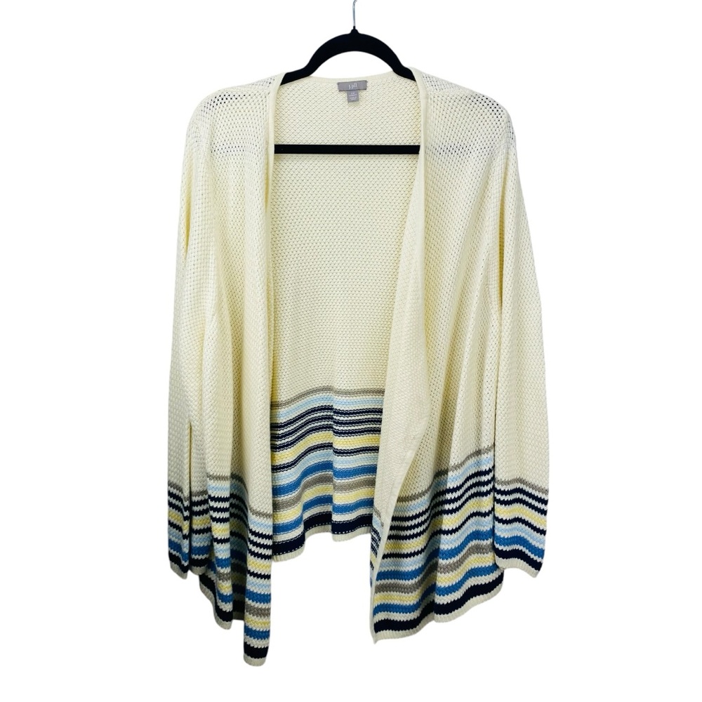 J Jill Duster Cardigan Womens 2X Ivory Striped Lagenlook Long Sleeve Boho Beachy